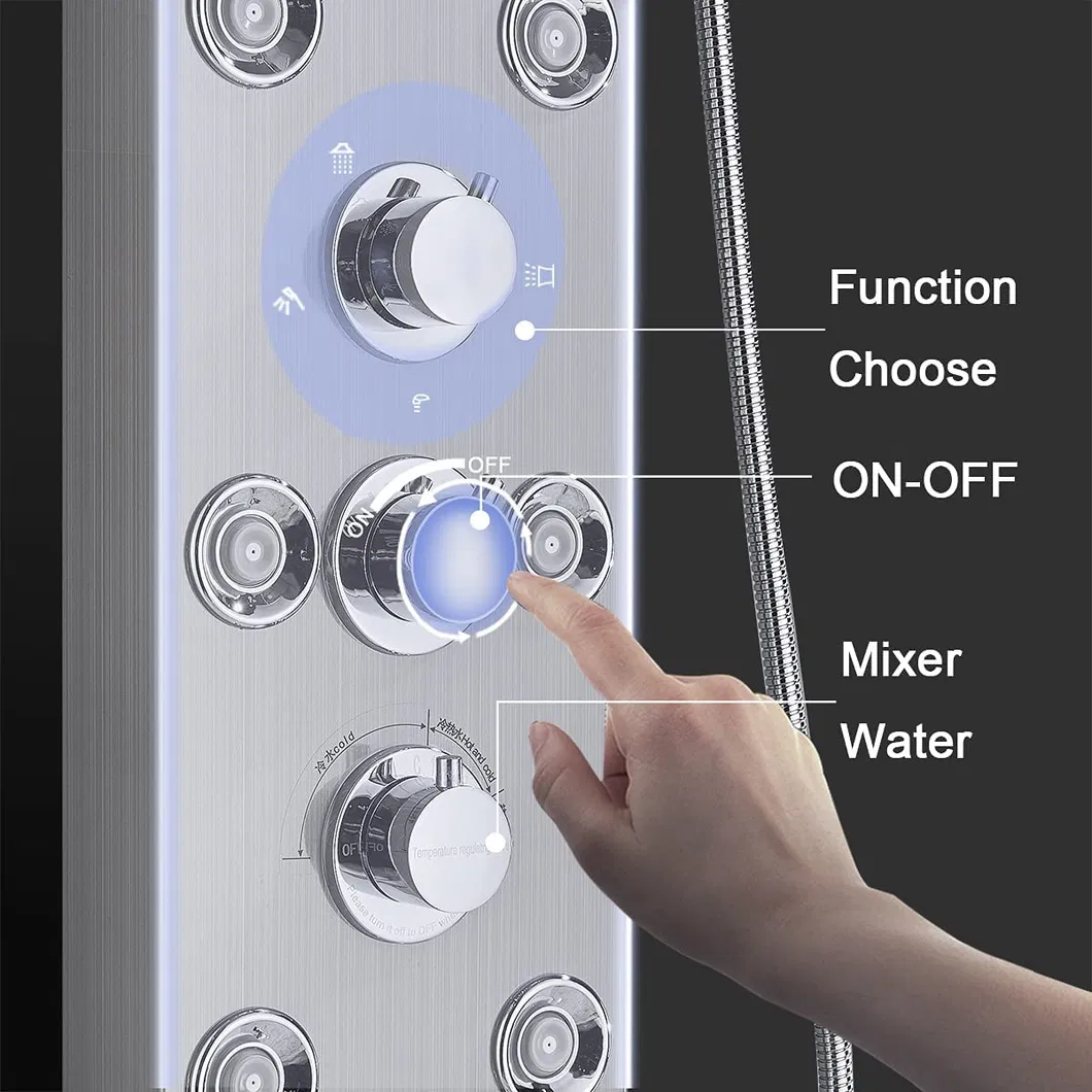 Contemporary Shower Panel Tower System Stainless Steel 6-Function Faucet LED Rainfall Waterfall Shower Head + Handheld Sprayer + Rain Massage Body Jets