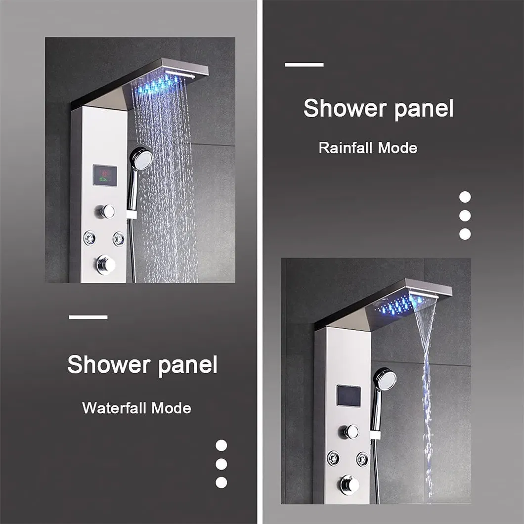 Contemporary Shower Panel Tower System Stainless Steel 6-Function Faucet LED Rainfall Waterfall Shower Head + Handheld Sprayer + Rain Massage Body Jets