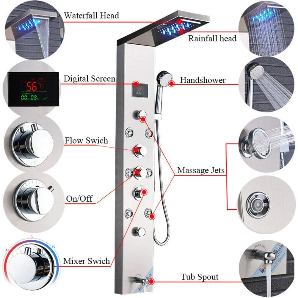 Contemporary Shower Panel Tower System Stainless Steel 6-Function Faucet LED Rainfall Waterfall Shower Head + Handheld Sprayer + Rain Massage Body Jets