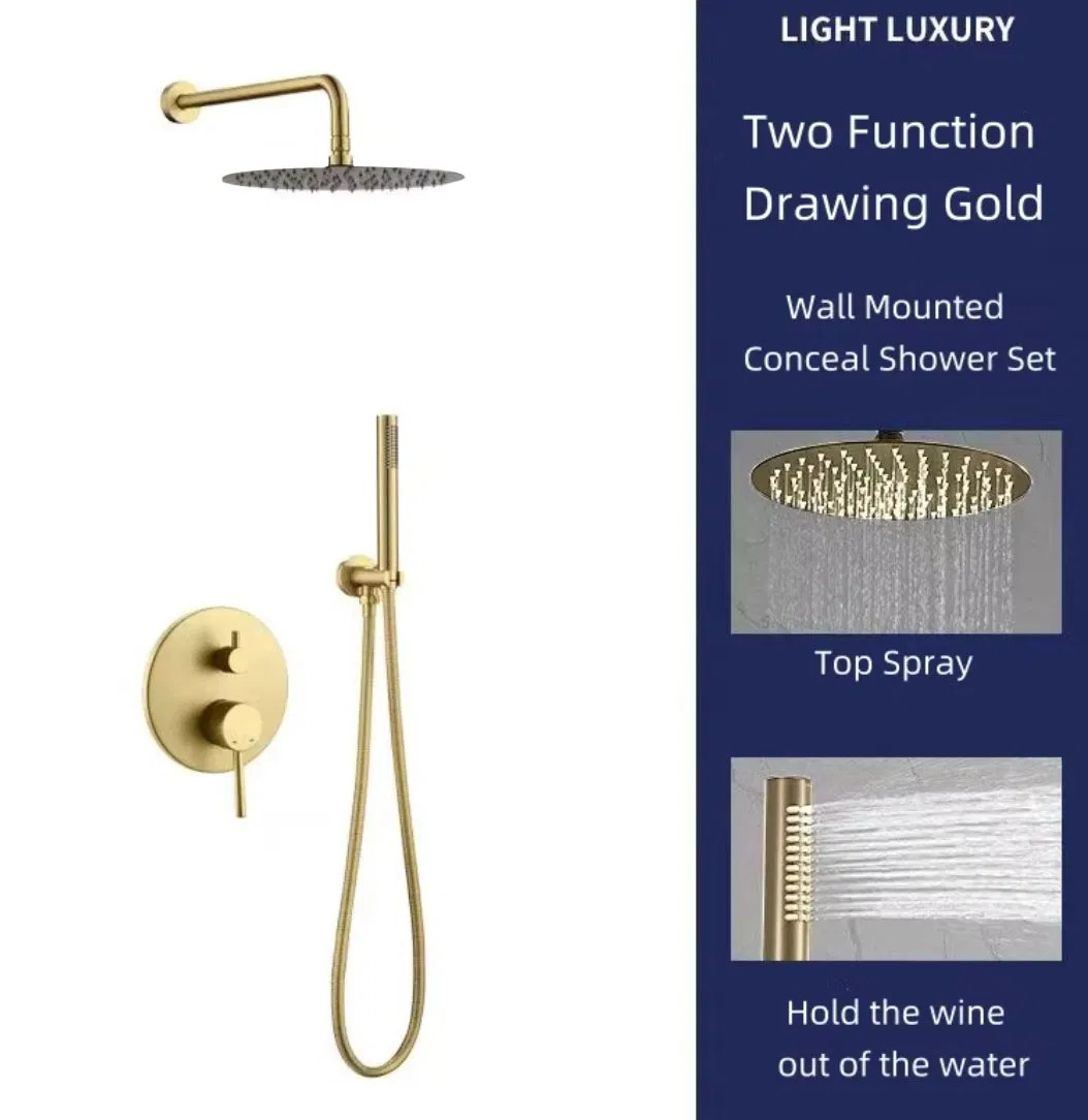 High Quality Modern Brush Gold Copper Rainfall Concealed Shower Set Round Shower Head for Bathroom