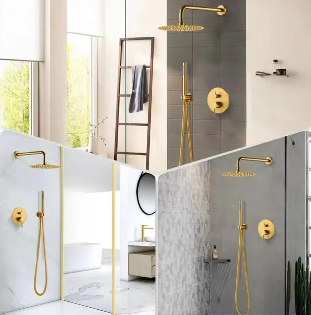 High Quality Modern Brush Gold Copper Rainfall Concealed Shower Set Round Shower Head for Bathroom