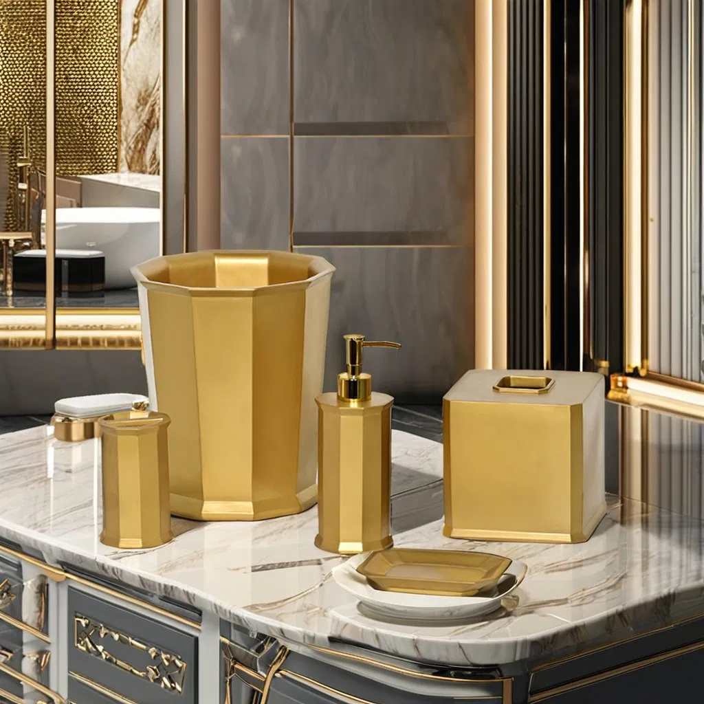 Bathroom Decor Luxury Gold Washroom Vanity Bath Accessories Items Resin Bathroom Set