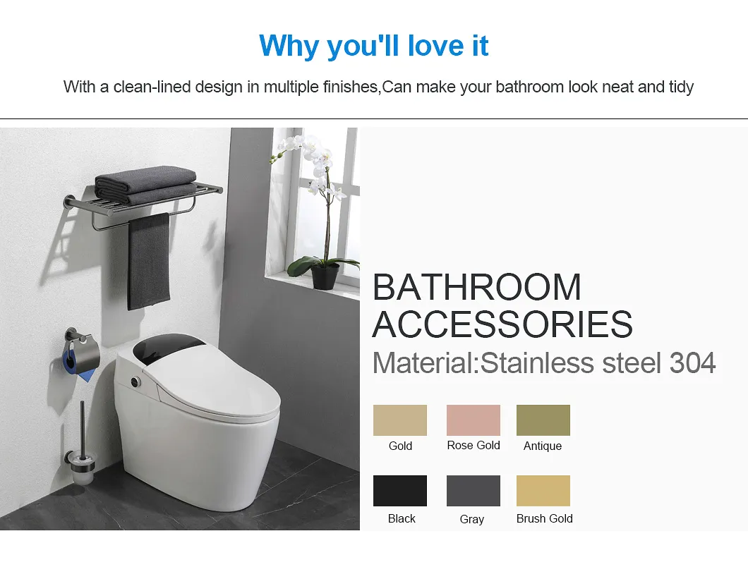 Modern Hotel Wall Mounted Toilet Bath Set Stainless Steel Bathroom Accessories Towel Rack/Paper Holder/Toilet Brush Holder/Coat Hook