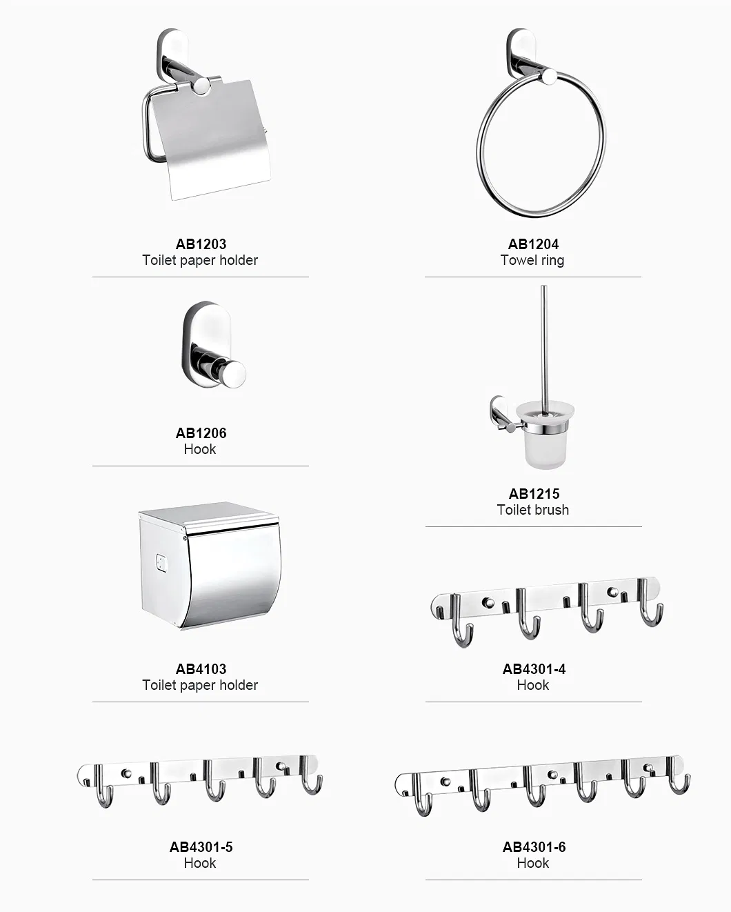 Modern Hotel Wall Mounted Toilet Bath Set Stainless Steel Bathroom Accessories Towel Rack/Paper Holder/Toilet Brush Holder/Coat Hook
