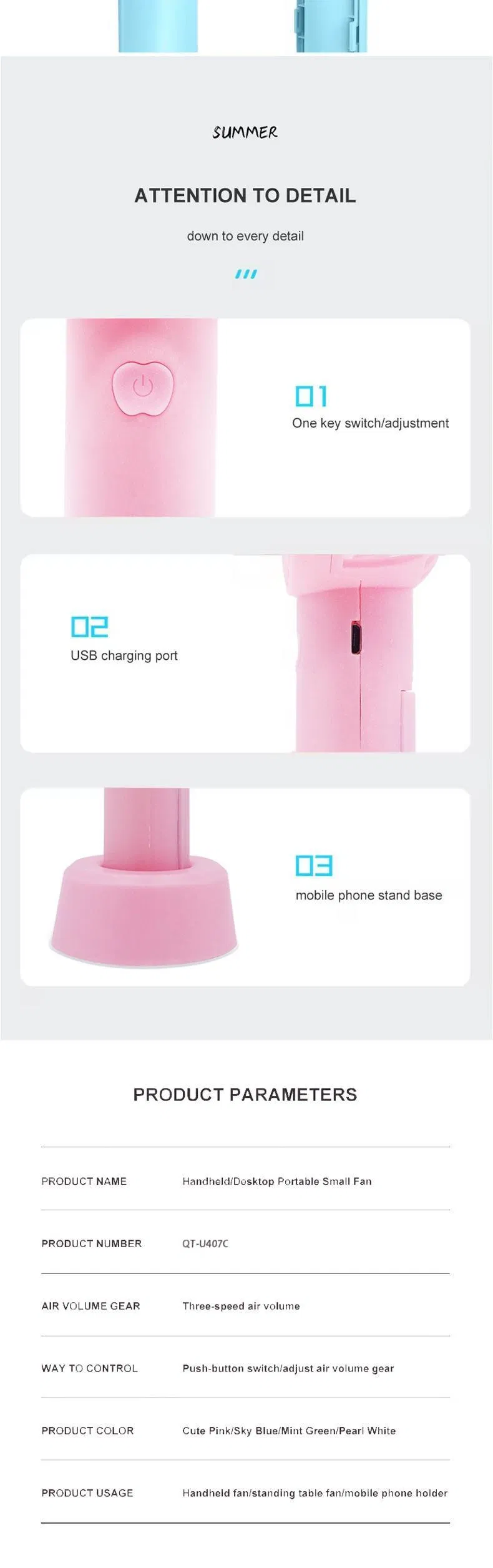 4 Inch Mini Handheld Fan, USB Powered, 3W, 4 Blades