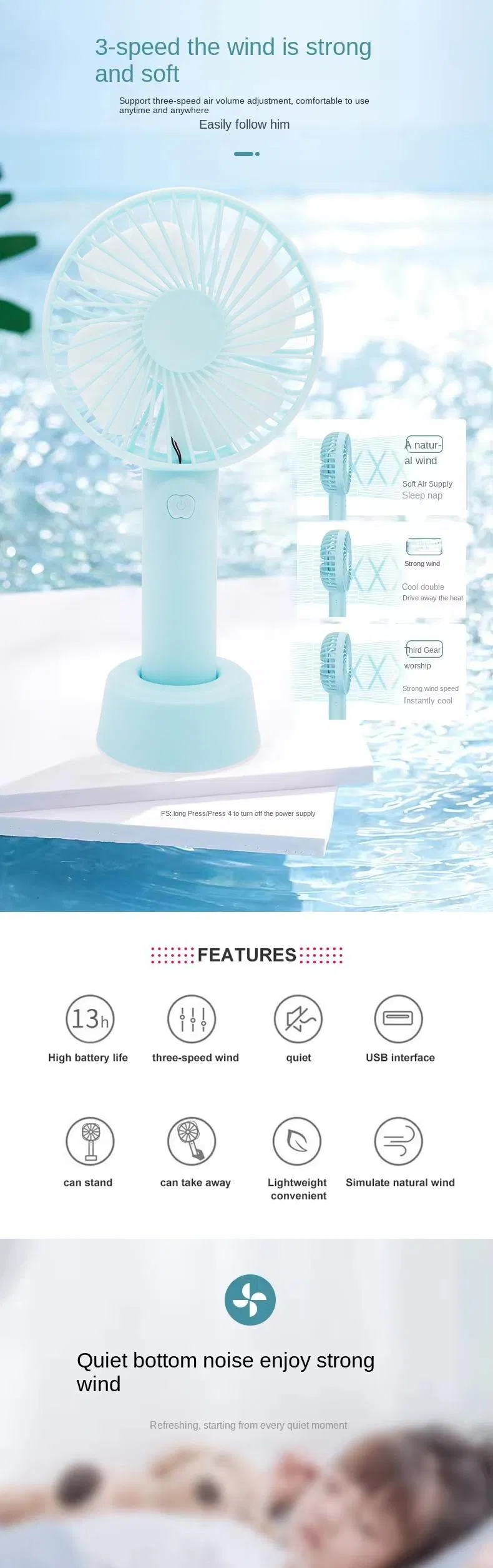 4 Inch Mini Handheld Fan, USB Powered, 3W, 4 Blades