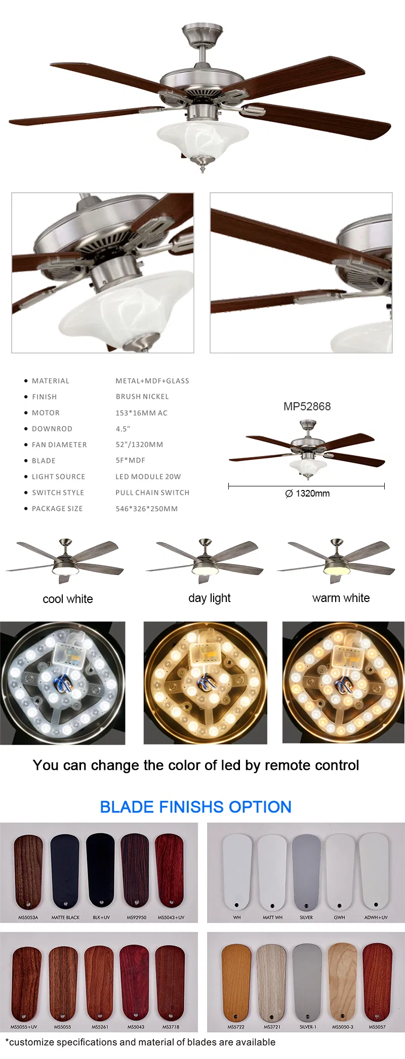 52inch Modern LED Ceiling Fans Remote Control Retractable Blades with Silent Motor for Living Room Restaurant