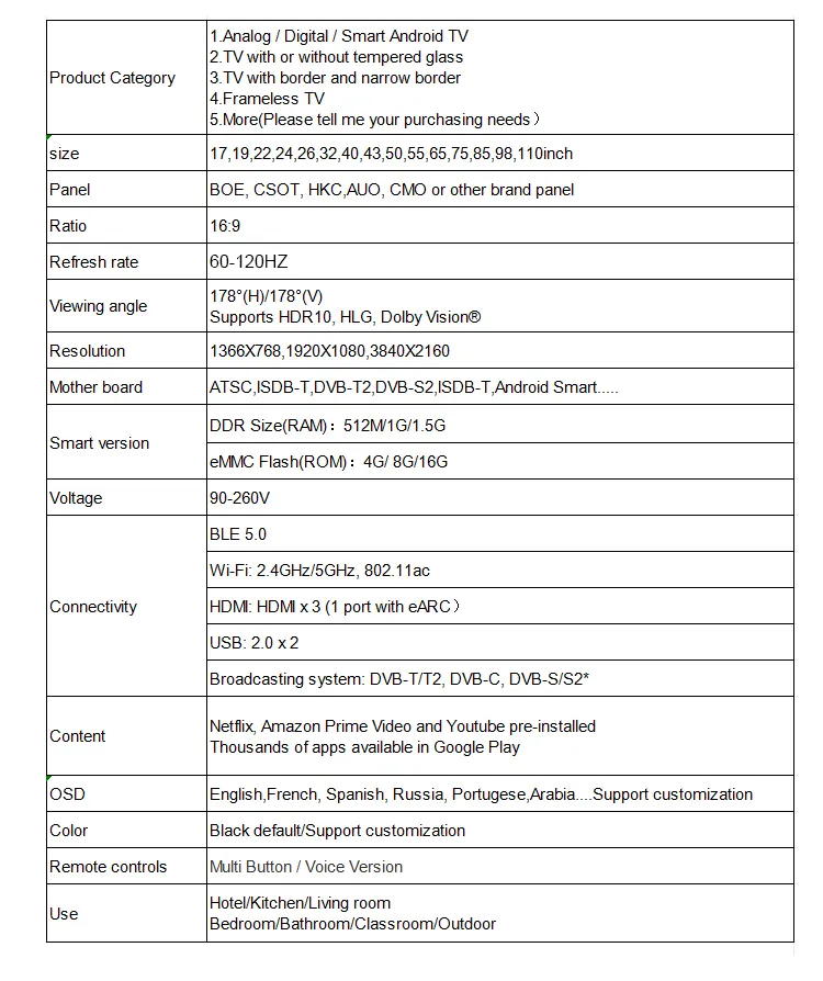 Factory Direct 19/22/24/26/32/43/50/55/56inch LCD TV Multi-Size Multi-Function