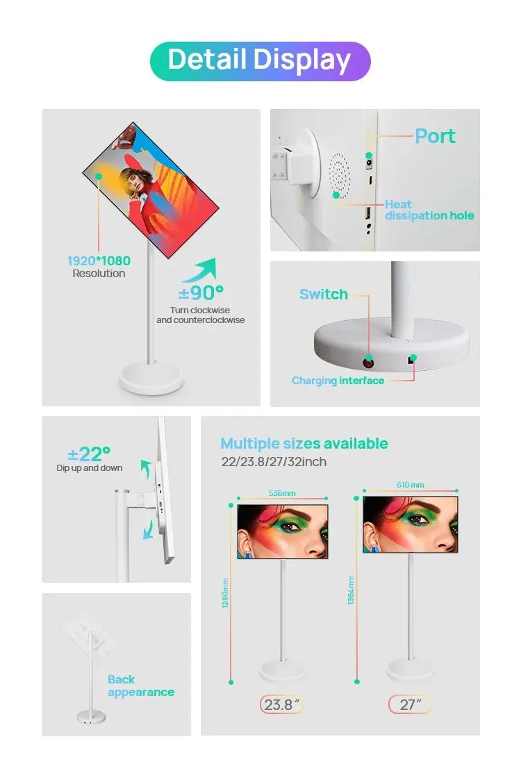Most Popular 21.5 Inch Display LCD Touch Screen Indoor Android 12 Advertising Digital Signage Standby Floor Standing Smart TV