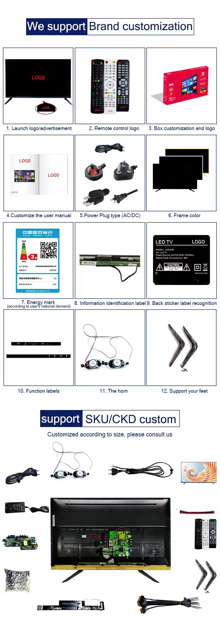 Factory OEM/ODM TV Television Custom 32 40 43 50 55 65 Inch 2K 4K Smart TV Android Smart LED LCD TV
