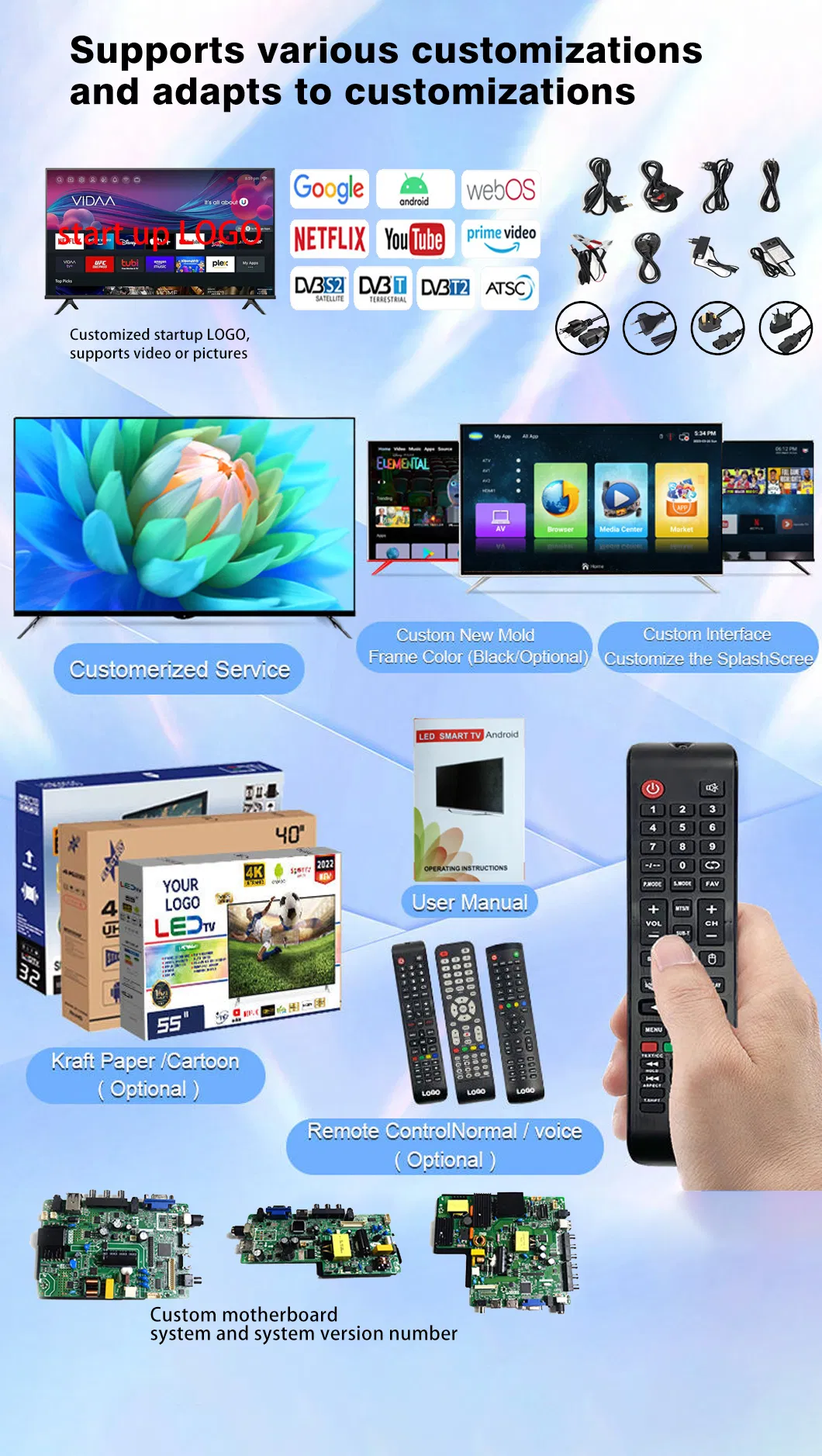 2025 New 55 65 70 Inch 4K 8K UHD Television 3D LED LCD Webos/Android/Google Smart TV