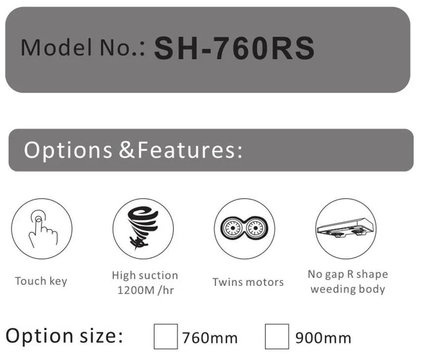 Thin Small Ventilating Fan Chimney Wall Mounted Kitchen Exhaust Range Hood Sh-760RS