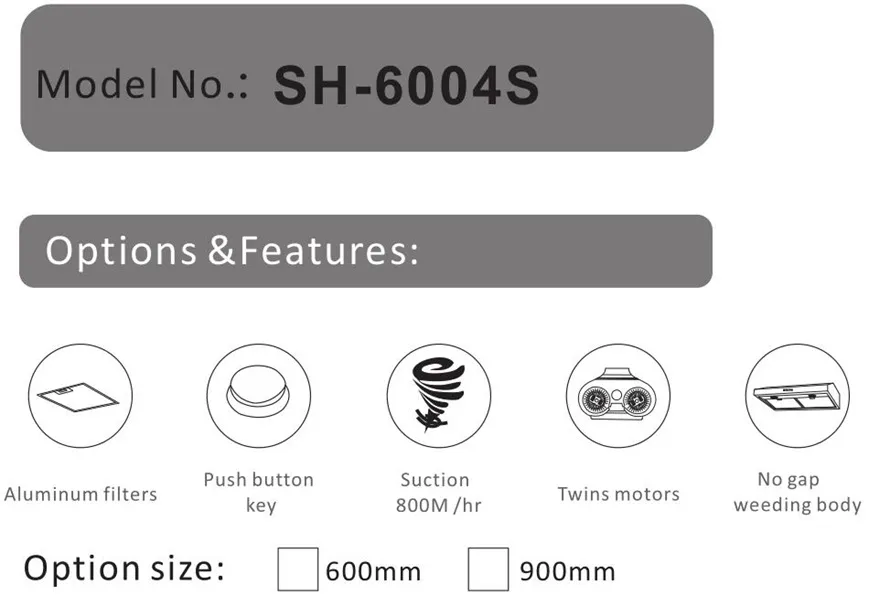 China Manufacturer Chimney Ventilator Slim Vent Cooker Hood Fliter Sh-6004s