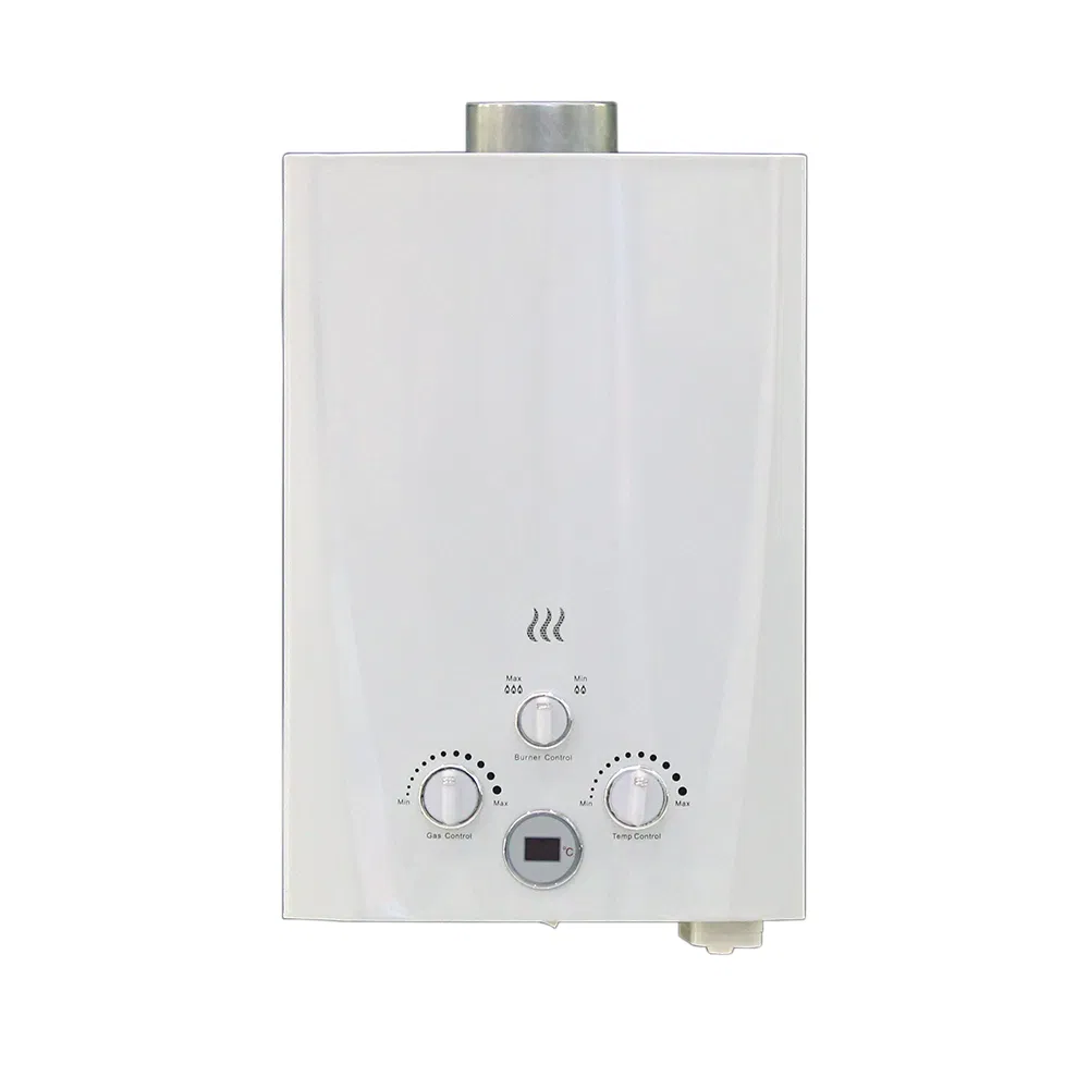 User Friendly 3-Knob Flue Gas Hot Water Heater 6-12L Output Copper Tank Technology