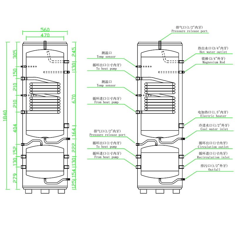 Energy-Saving Buffer Tank with Power Backup Coil Water Heater Tank for Heat Pump Indirect Water Heater Tank