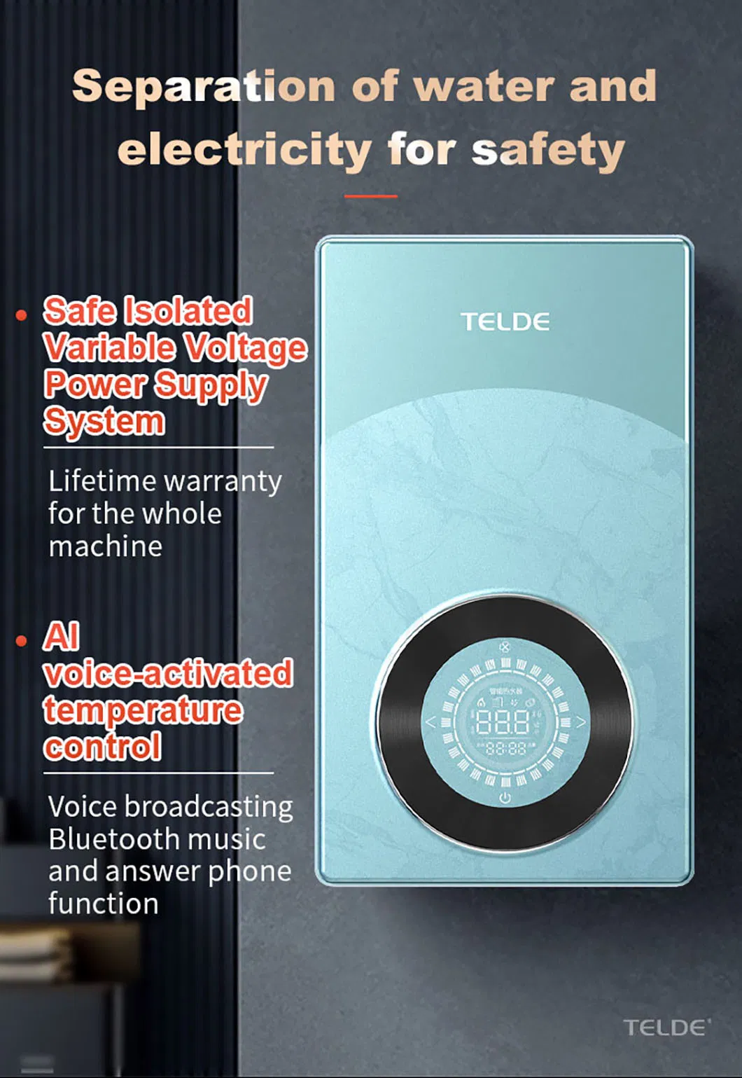 Telde Tankless Instant Electric Water Heater Ultra-Thin Body Save Bathroom Space