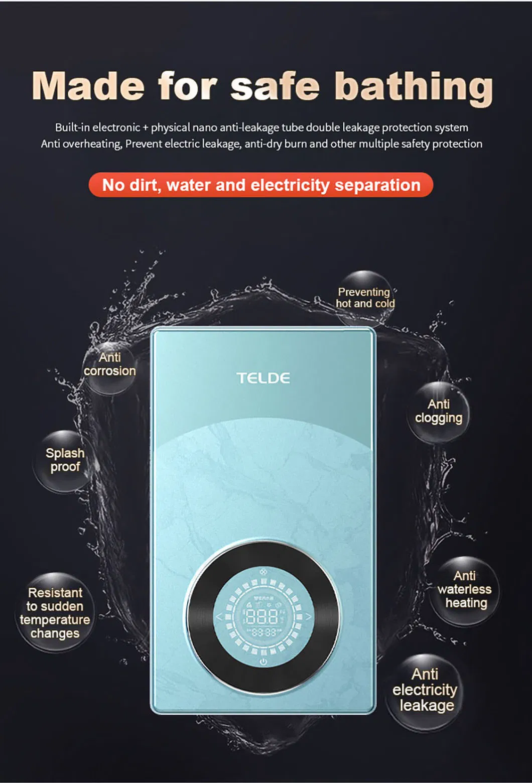 Telde Tankless Instant Electric Water Heater Ultra-Thin Body Save Bathroom Space