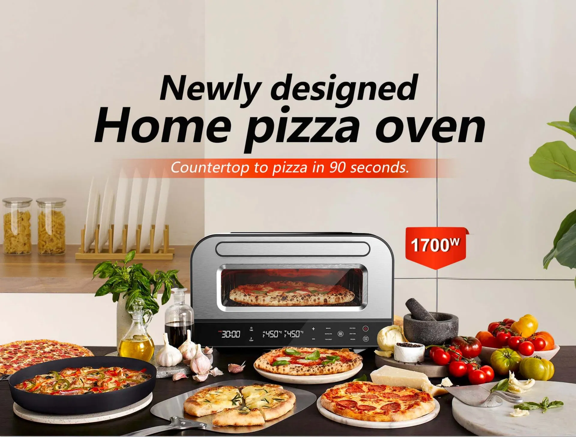 Preminum Compact Design 1700W 12 Inch Neapolitan Pizza Oven with Visible Window