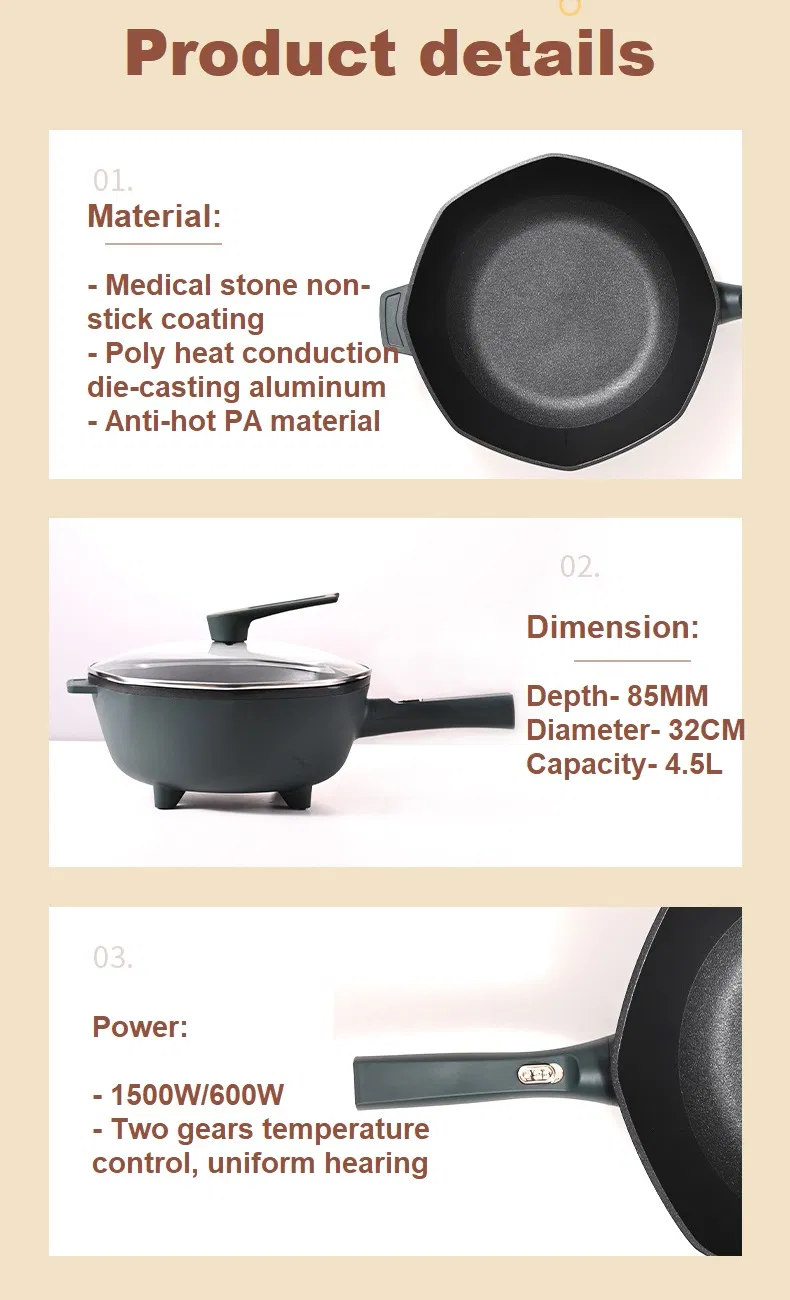 Multifunction Marine Automatic Electric Skillet Fry Pan with Lid 32cm