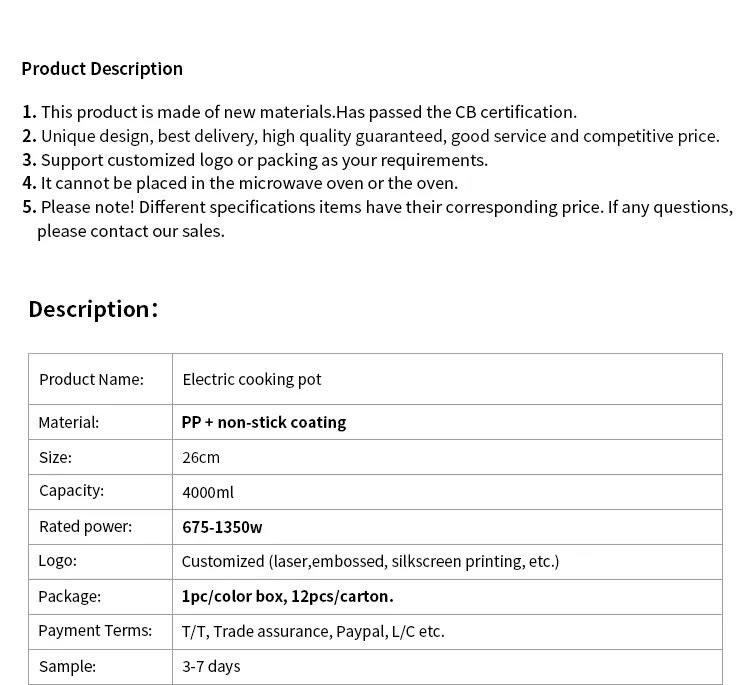 Kitchen Appliances Electric Skillet Easy Clean Healthy Food Non Stick Electric Cooking Hot Pot Big Size Cooker Skillet