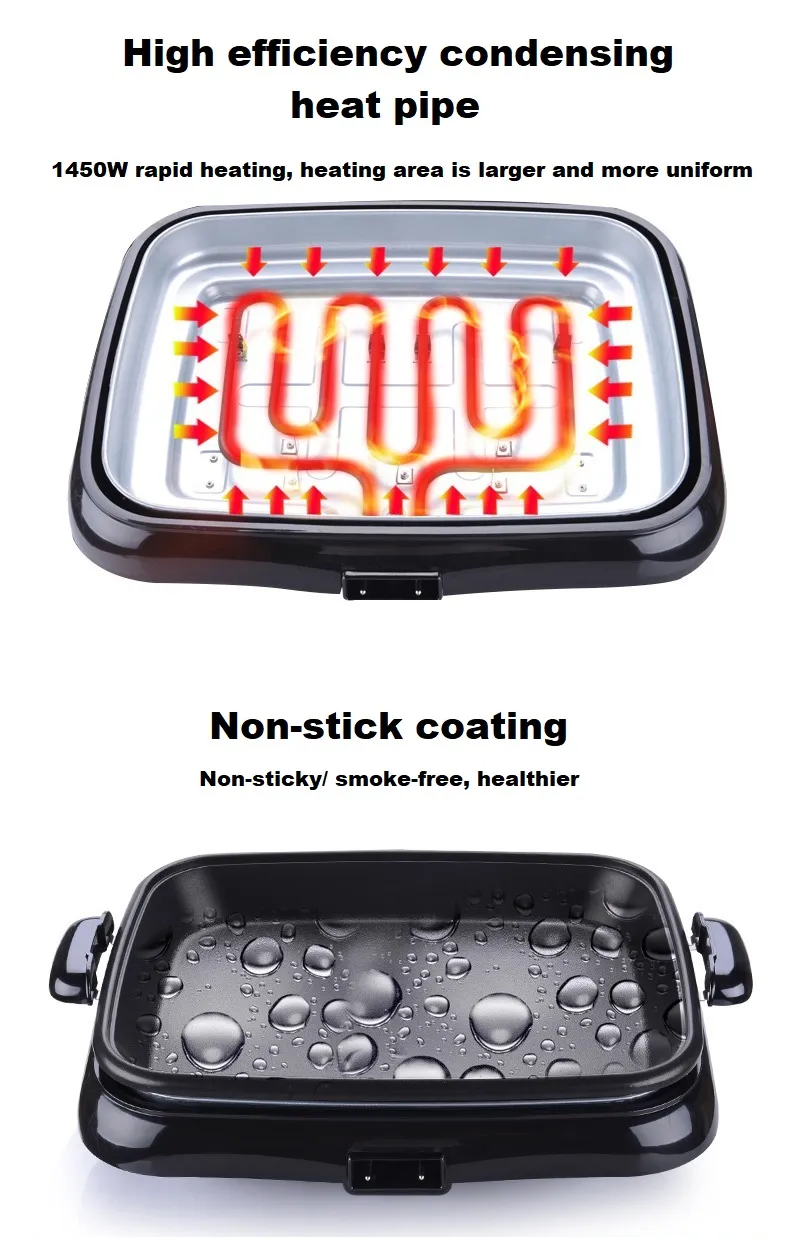 1800W Electric Indoor Grill Glass Lid Removable Easy-to-Clean Nonstick Plate