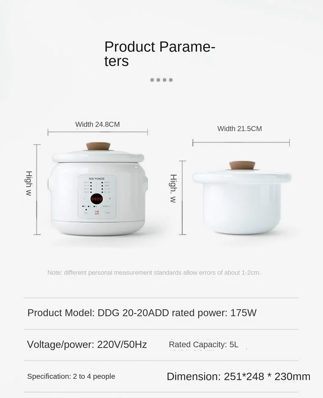 Tonze 2L Ceramic Inner Pot Multi-Function Timer Smart Slow Cooker