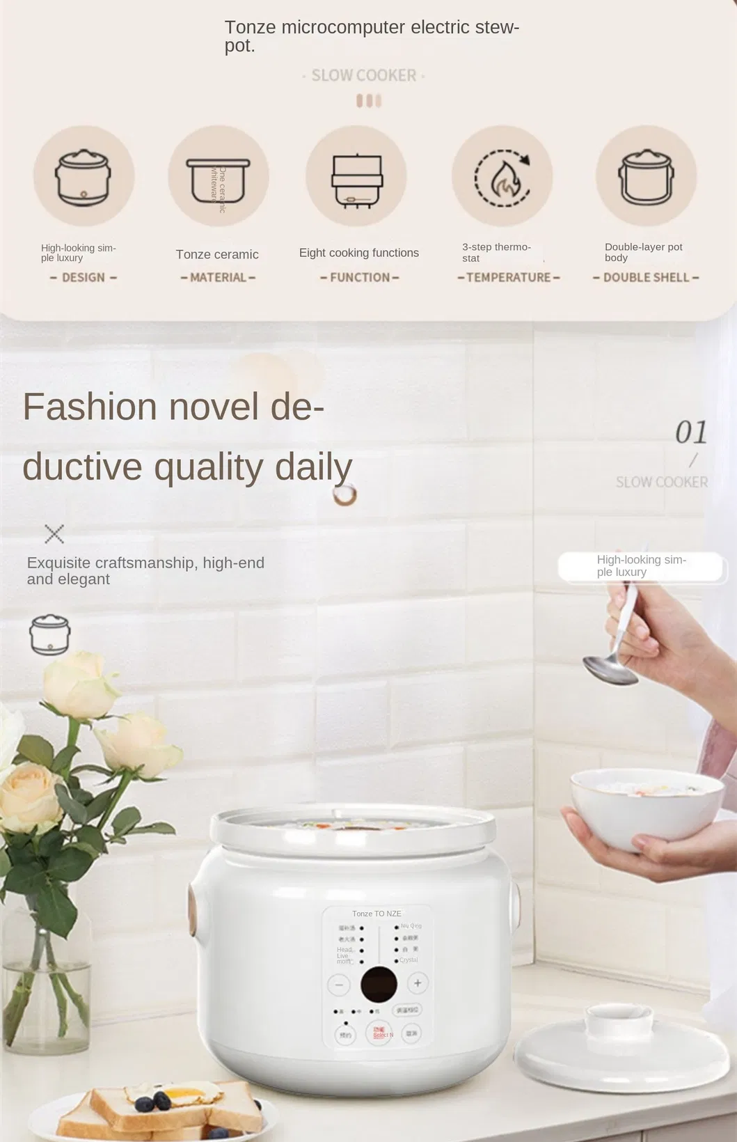 Tonze Ceramic Inner Pot Slow Cooker Electric Stew Soup Maker