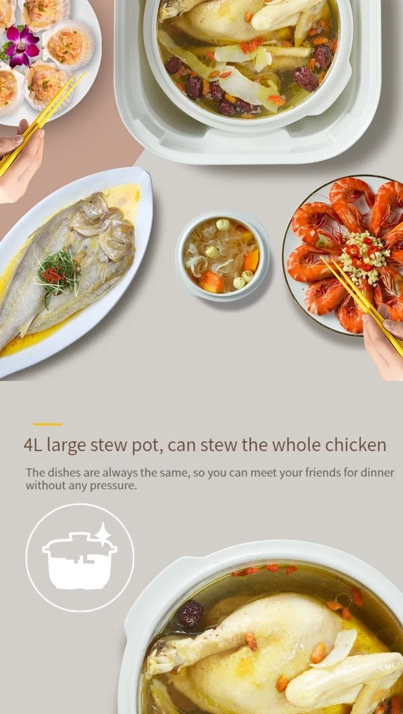 4L Double Boiler Cooking Stainless Steel Top Cover Ceramic Crockpot Slow Cooker