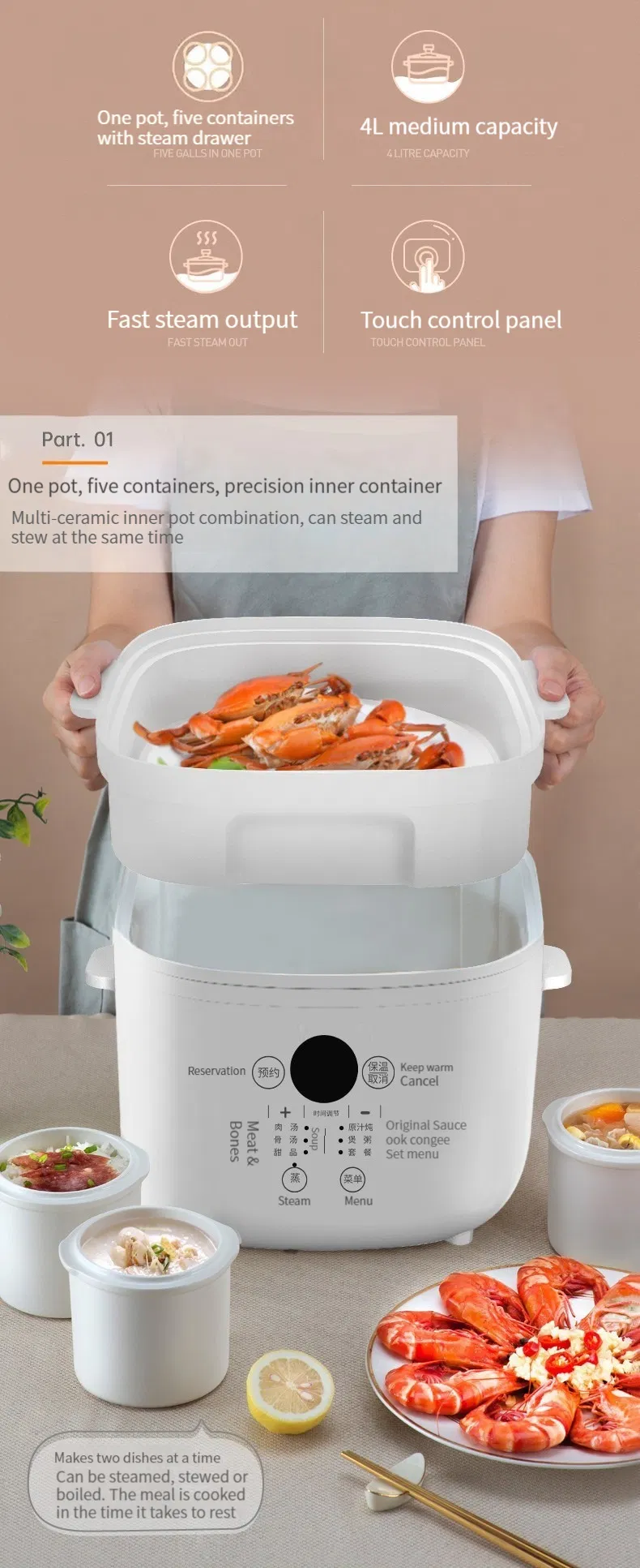 4L Double Boiler Cooking Stainless Steel Top Cover Ceramic Crockpot Slow Cooker