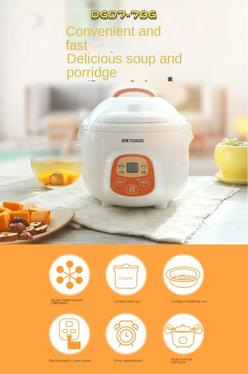 0.7L Mini Slow Cooker with Ceramic Pot & Steam Rack Double Boiler