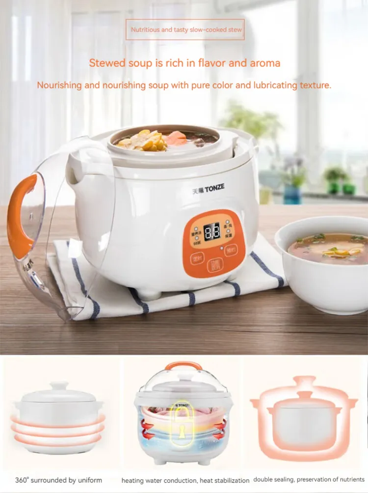 0.7L Mini Slow Cooker with Ceramic Pot & Steam Rack Double Boiler