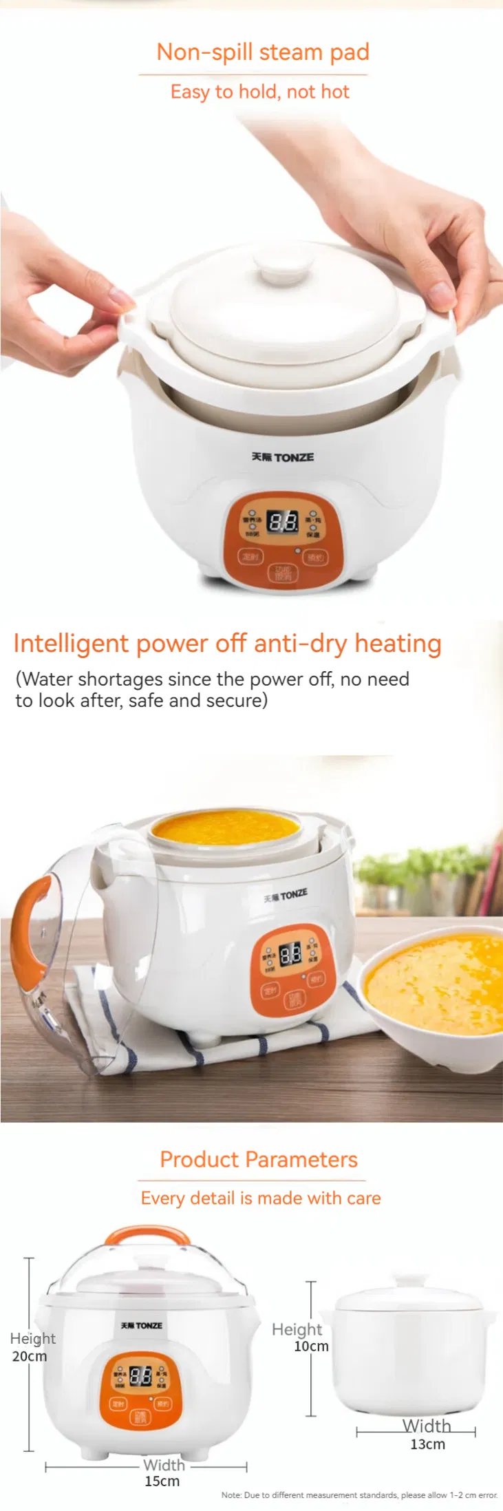 0.7L Mini Slow Cooker with Ceramic Pot & Steam Rack Double Boiler