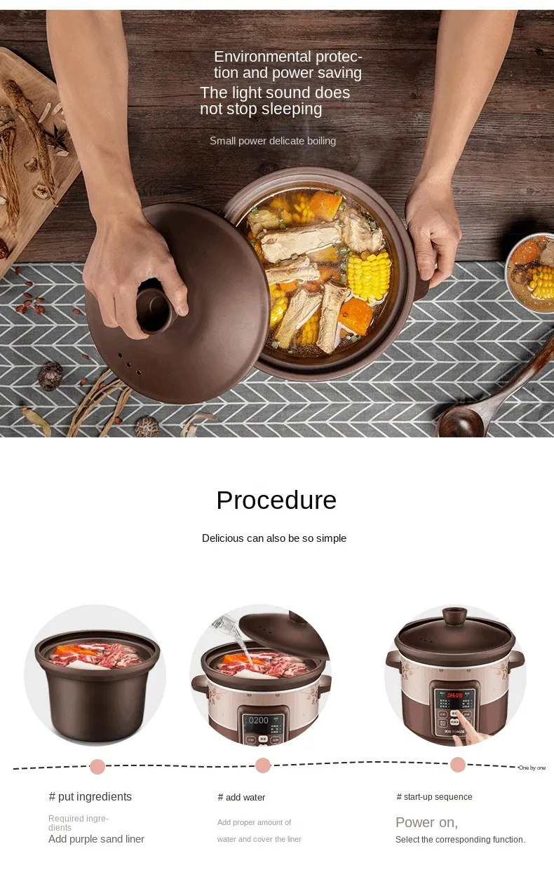 4L Organic Purple Clay Liner Broth Ceram Electric Slow Cooker