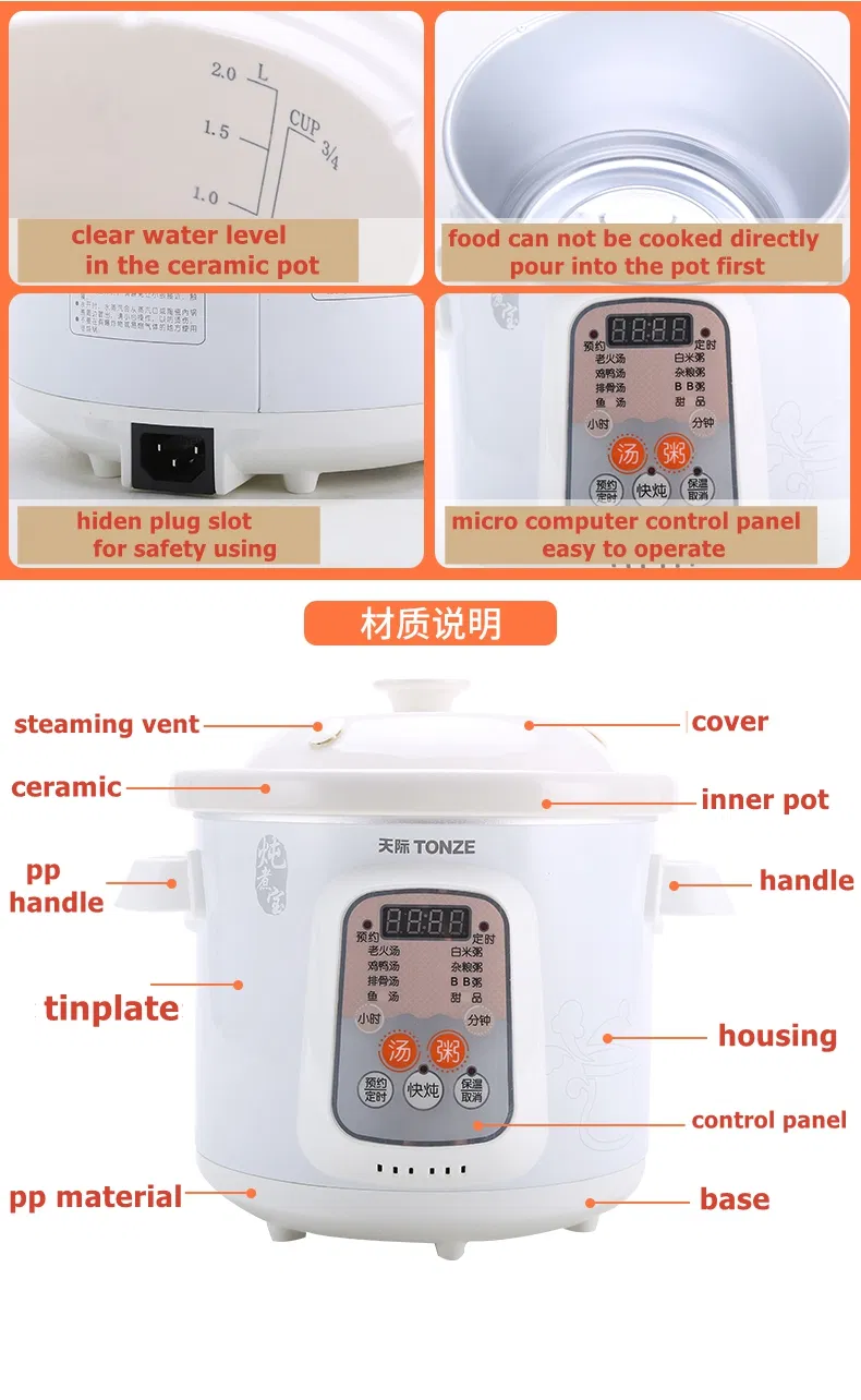 Tonze Factory OEM Electric Ceramic Soup Cooker 2L Stew Slow Cooker