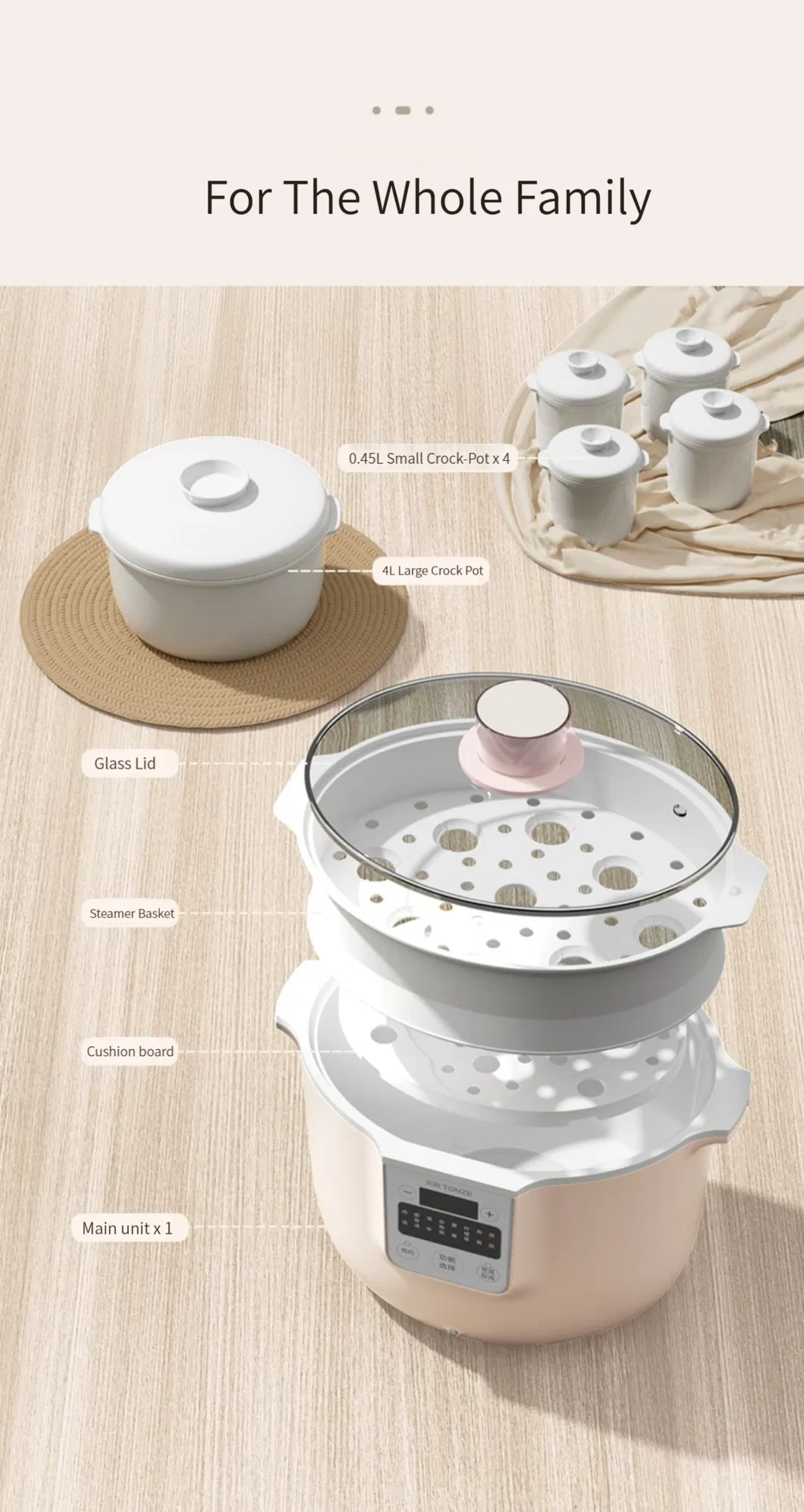 Visual Glass Lid 4L Multi Bone Soup Cooker Slow Cooker with Steamer Basket