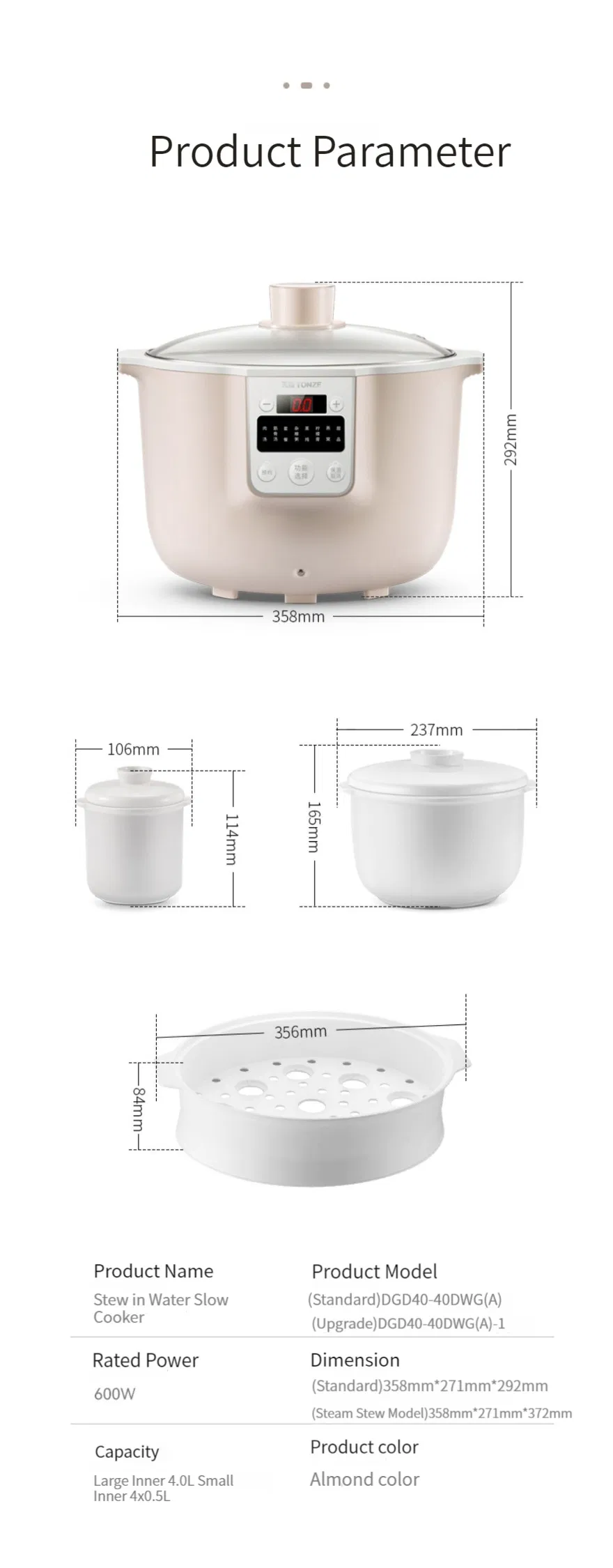 Visual Glass Lid 4L Multi Bone Soup Cooker Slow Cooker with Steamer Basket