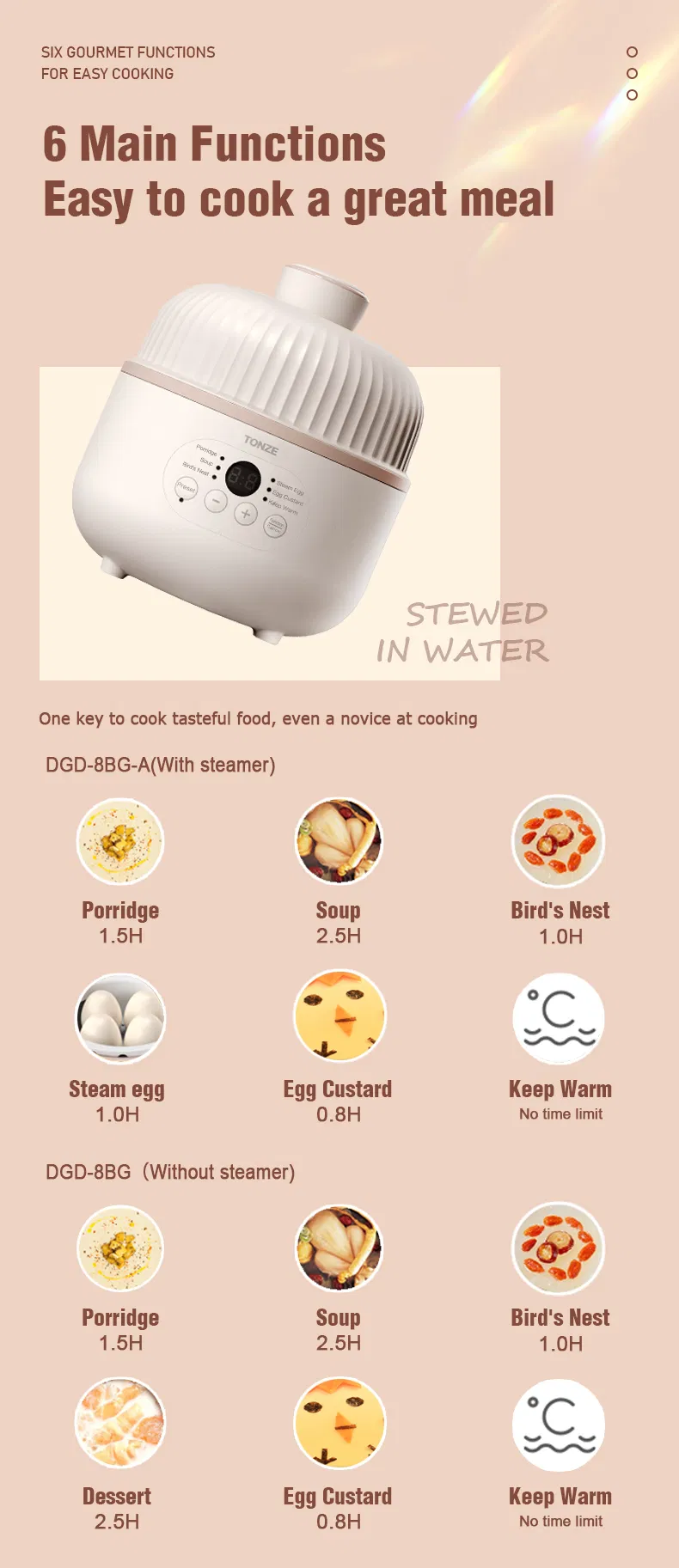 Water Stewing Slow Cooker with Egg Steamer Ceramic Liner Electric Pot