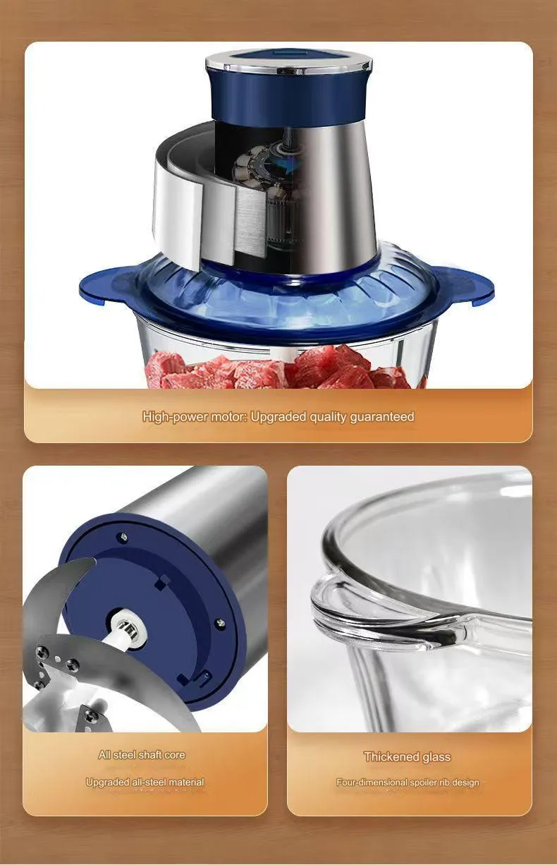 Factory Direct Sales Customized 2 Speed 3L Household Electric Meat Grinder Slicer with Glass Food Processing Chopper for Home Use