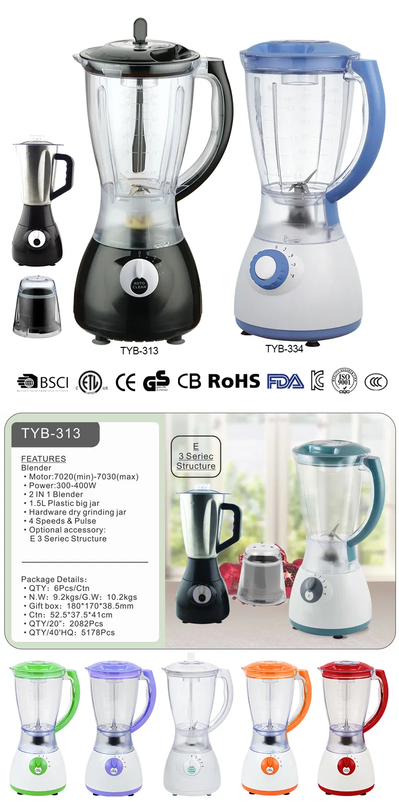 Kitchen Appliances 1.5L Plastic and Glass Jar Food Processor Ice Crusher Blender Smoothie Juicer Blender