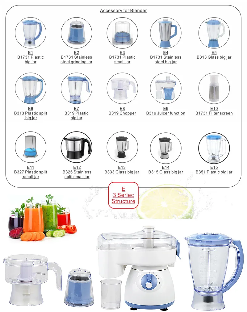 Kitchen Appliances 1.5L Plastic and Glass Jar Food Processor Ice Crusher Blender Smoothie Juicer Blender