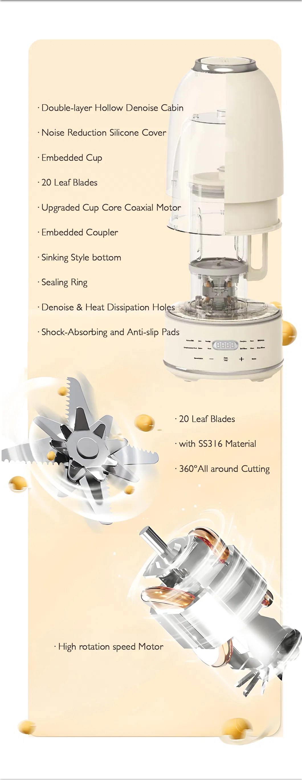 1.5L Eggshell-White Quiet Blender with Soundproof Cover