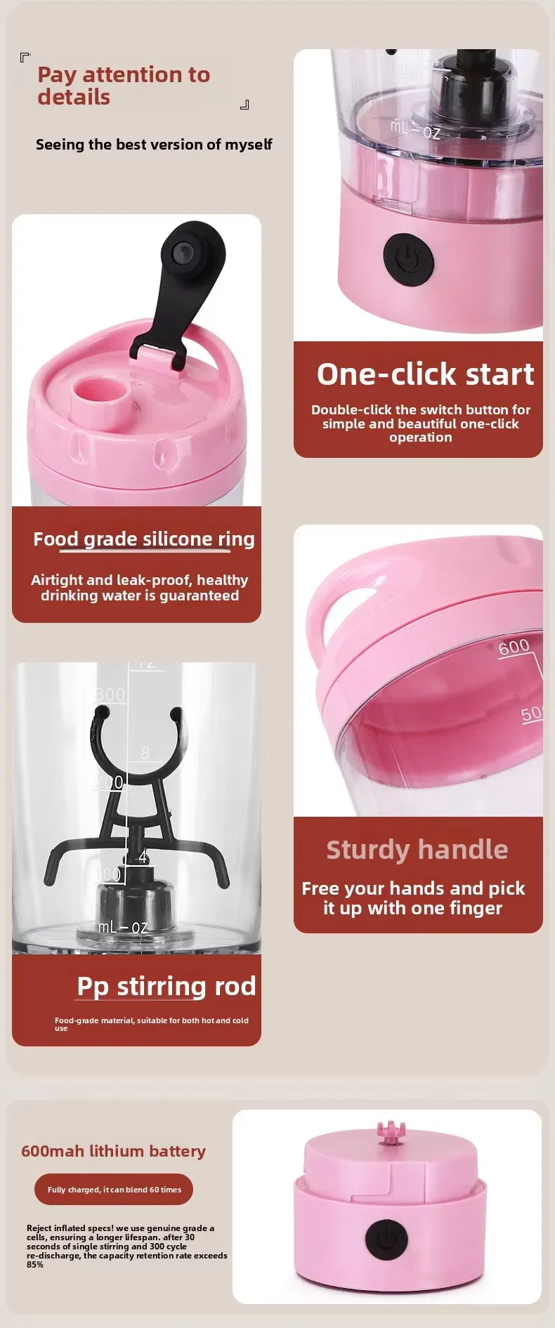 Portable Sport Gym USB Rechargeable Auto Mixing Coffee Smoothie Cup Blender Protein Shaker Mixer Tumbler 600ml Water Bottle