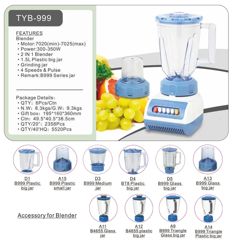 Kitchen Appliance Food Blender 1.5L Plastic Jar Variable Speed Juicer Mixer Grinder Machine Glass Plastic Container for Household Kitchenuse 999 Blender