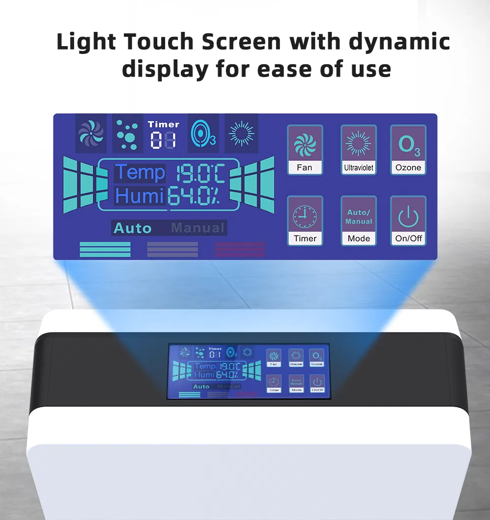 Factory Price Ozone Generator HEPA and Active Carbon Filter UV Lamp Air Purifier for Home with LCD Touch Screen and Air Quality Sensor