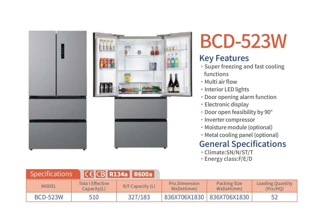 Big Size Defrost French Door Built-in Household Refrigerator with Inverter Compressor