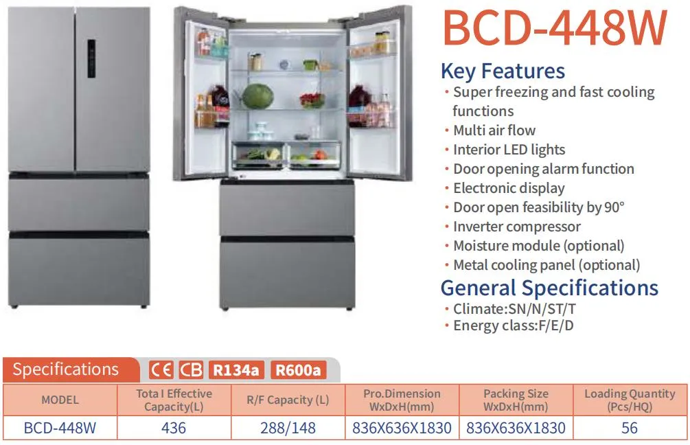 Bcd-448W Super Freezing and Fast Cooling French Door Refrigerator with Electronic Display