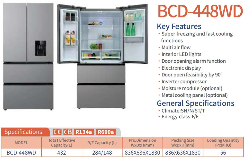Factory Direct 432L Bcd-448wd Fast Cooling French Door Refrigerator Water Dispenser