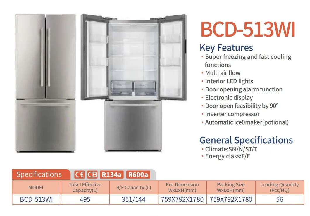Bcd-513wi French Door Refrigerator New Style Hot Sale Home Appliance
