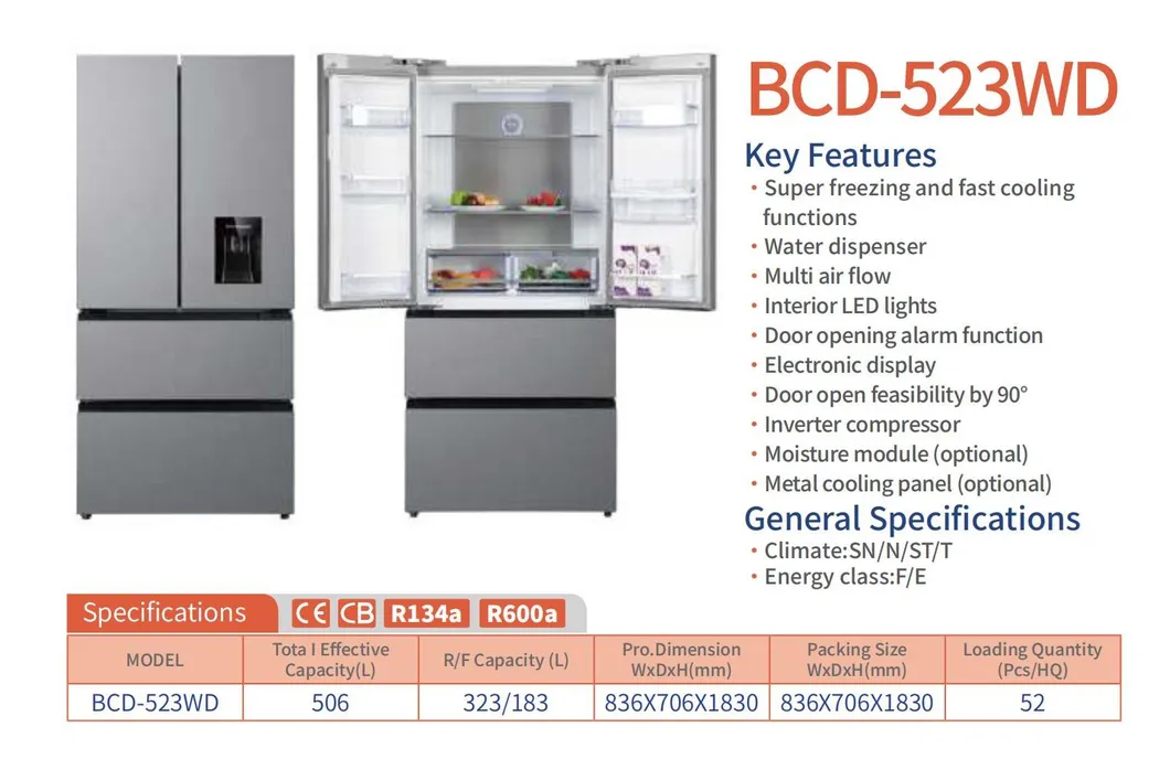 Big Capacity Defrost French Door Built-in Household Refrigerator with Inverter Compressor