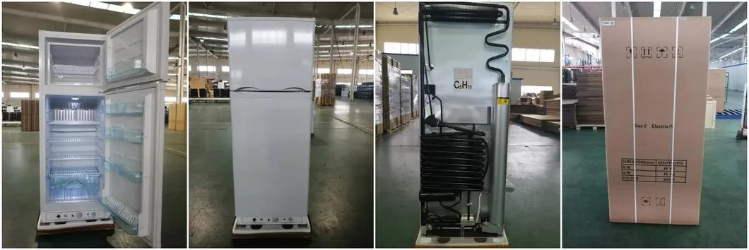 3 Way 170L 225L 280L Upright Home Double Door 12V 24V DC Compressor AC Kerosene LPG Gas Powered Stainless Steel Fridge Absorption Top Freezer Refrigerator